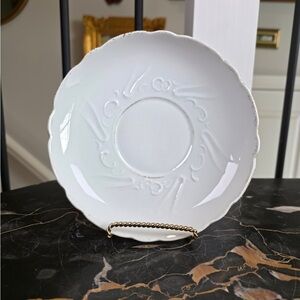 Antique Unmarked White Porcelain Saucer Embossed Swirl Scalloped Edge Gold Trim